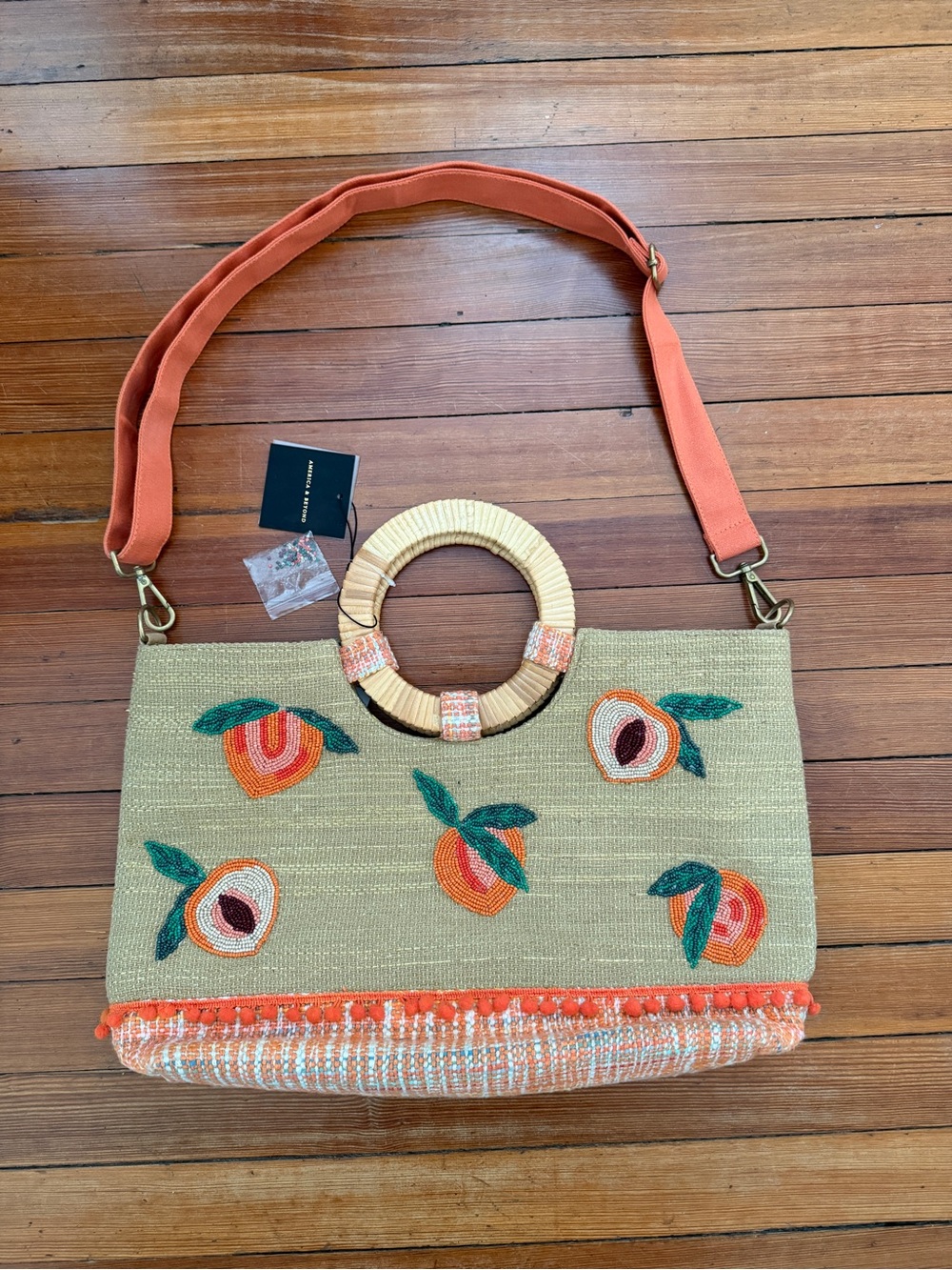 America & Beyond Beaded Peach Cross Body Tote